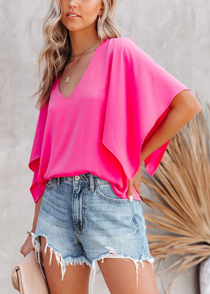 Simple Rose V Neck Cotton T Shirt Summer