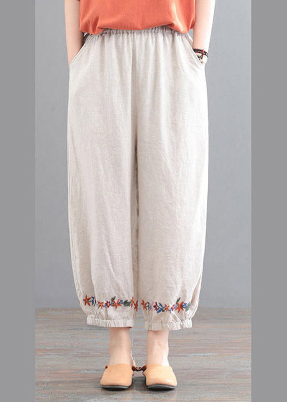 Organic Beige Embroidered Pockets Crop Pants Summer