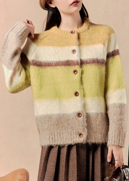Yellow Striped Button Patchwork Cotton Knit Sweaters Winter