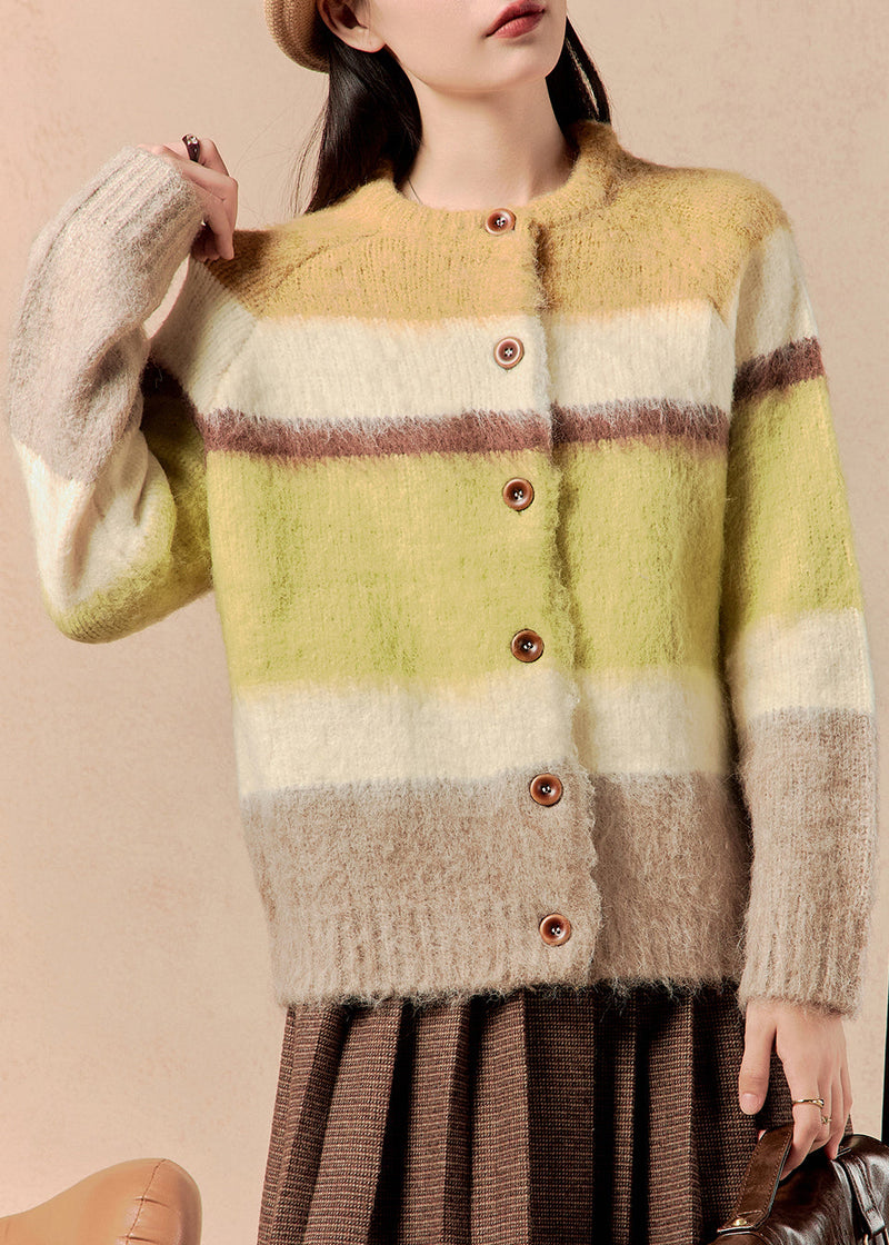 Yellow Striped Button Patchwork Cotton Knit Sweaters Winter