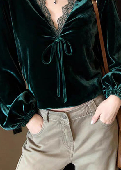 Peacock Green V Neck Lace Patchwork Silk Velvet Shirt Lantern Sleeve