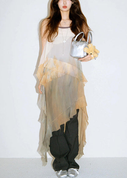 Gradient Color Ruffled Low High Design Cotton Dress Sleeveless