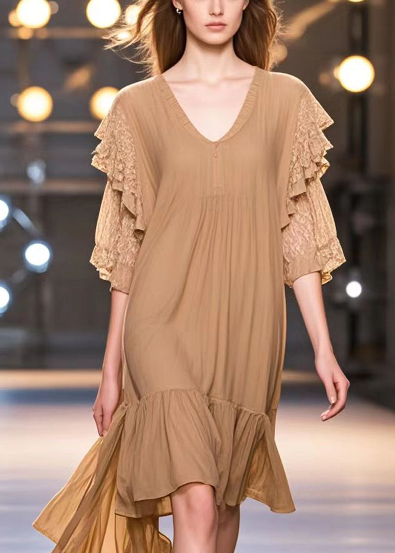 Khaki V Neck Patchwork Cotton Work Dress Summer