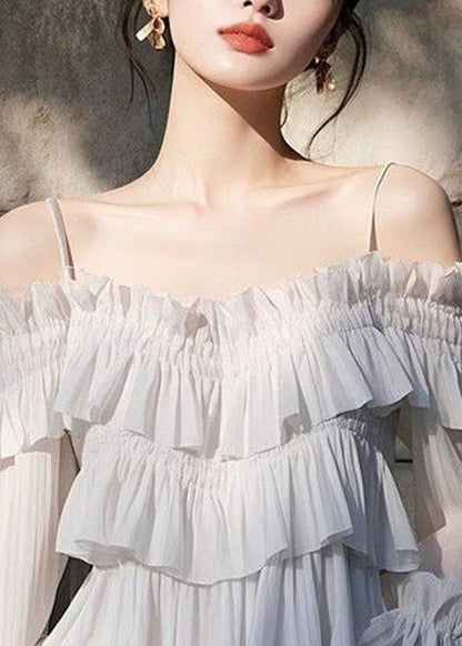 New Light Grey Ruffled Chiffon Blouses Butterfly Sleeve