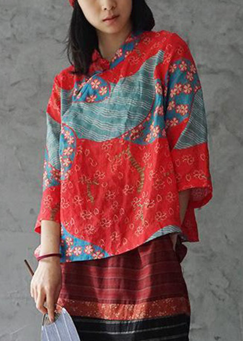 Red Stand Collar Print Linen Shirt Bracelet Sleeve