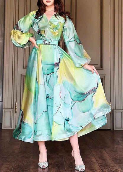 Green Peter Pan Collar Print Tulle Dress Long Sleeve