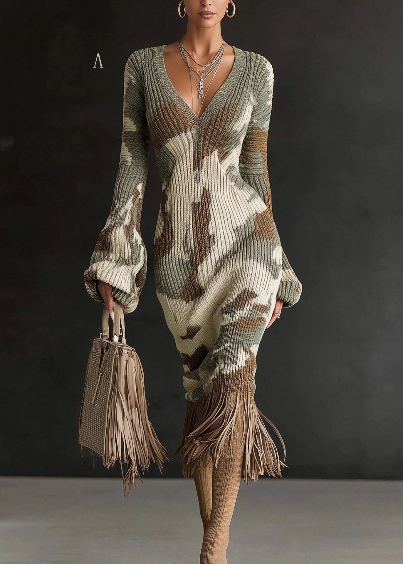 V Neck Tassel Patchwork Knitted Sweaters Dress Winter