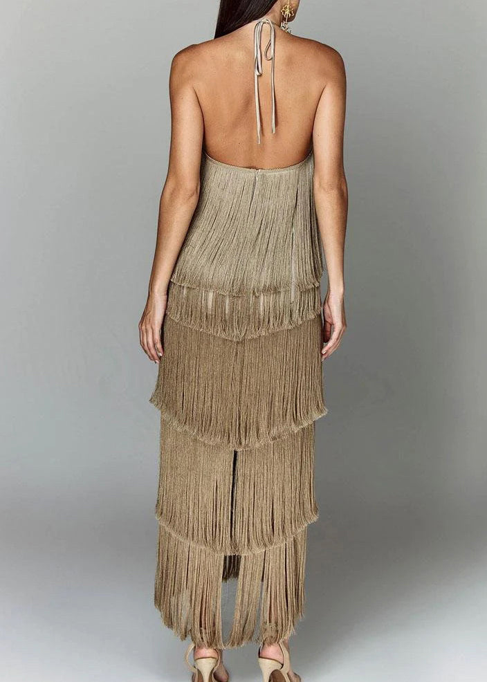 Camel Tassel Backless Halter Long Dress Summer