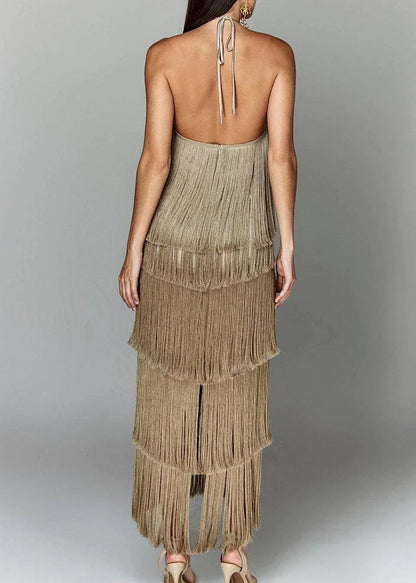 Camel Tassel Backless Halter Long Dress Summer