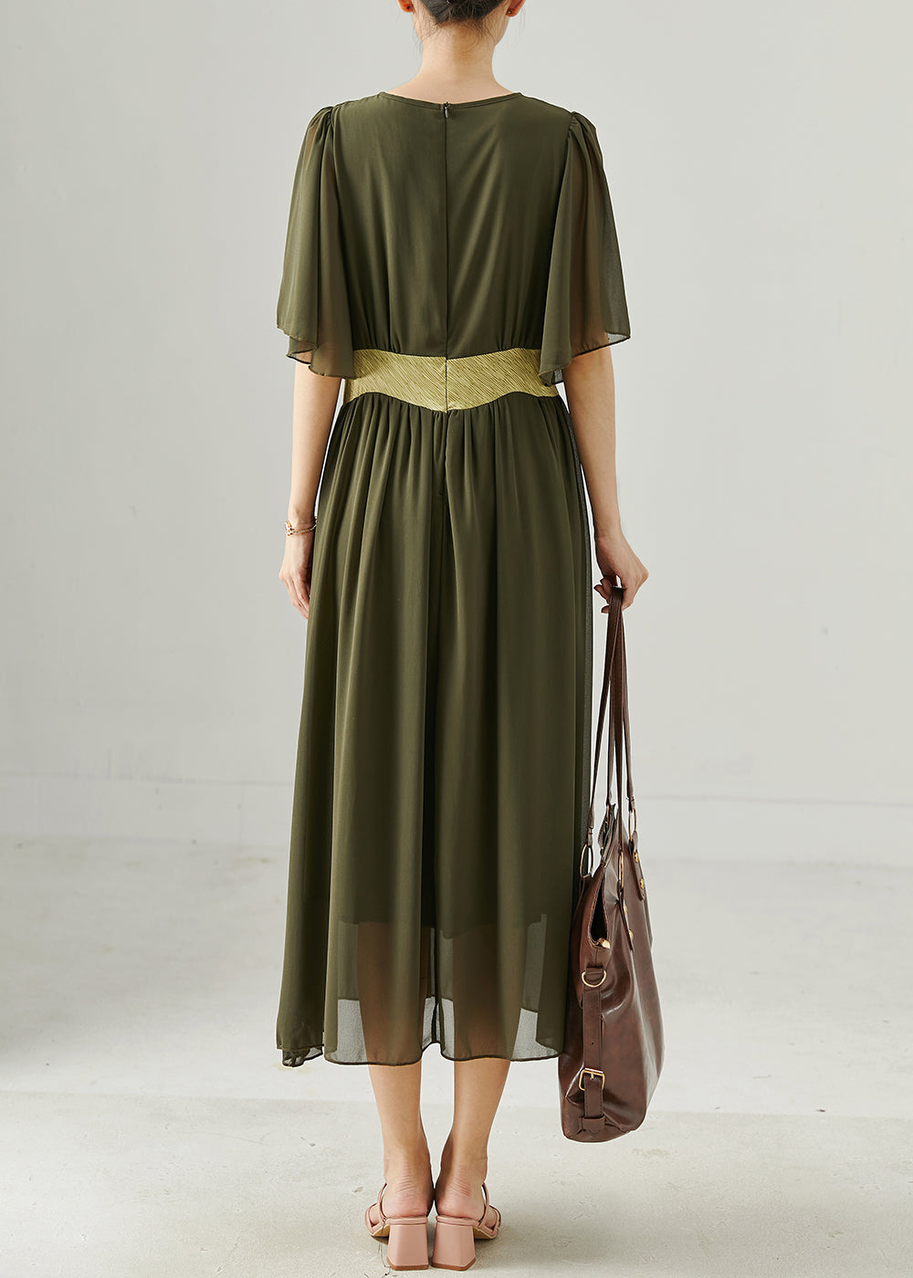 Army Green Exra Large Hem Draping Chiffon Long Dress Summer