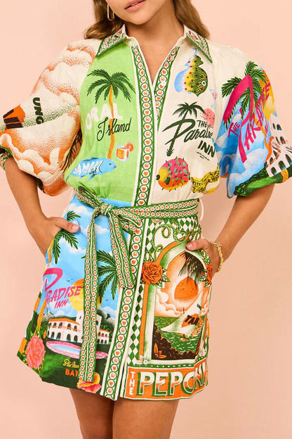 Frenulum Shirt Collar Printed Dresses