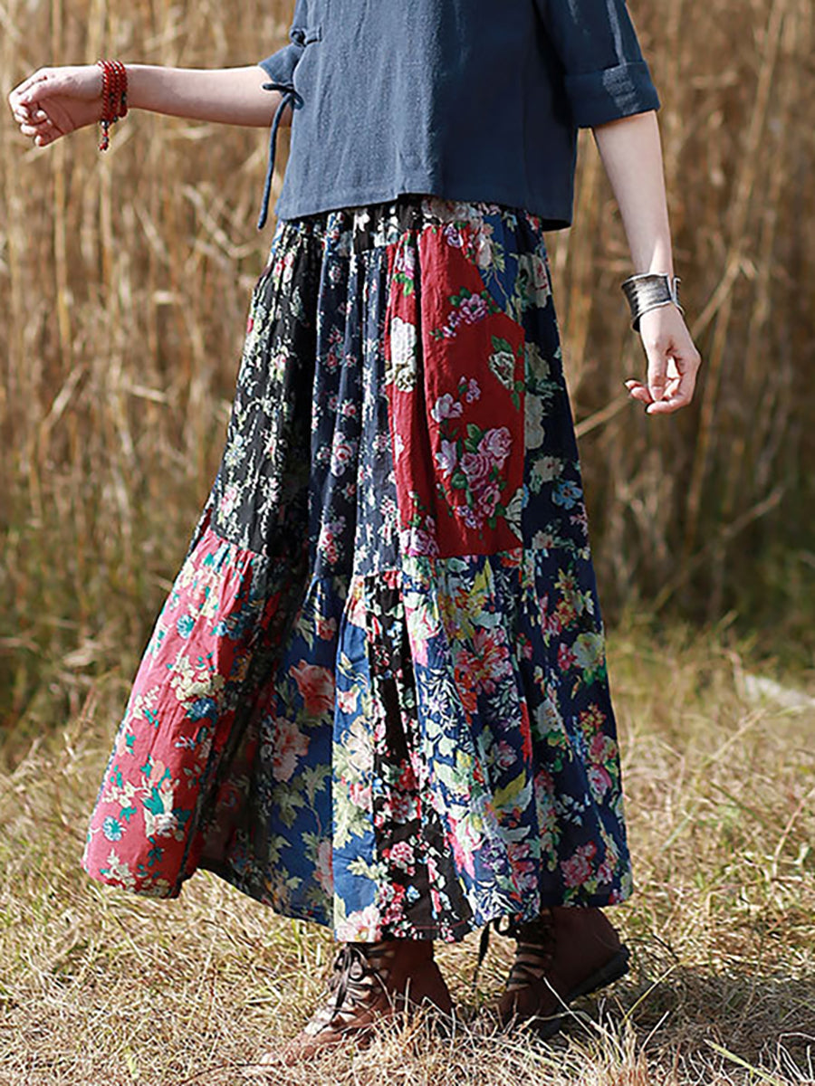 Retro Splicing Cloth Flower Printed Skirt