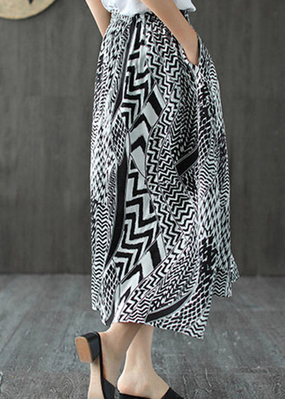 Black White Print Patchwork Pockets Elastic Waist Linen Skirt Summer