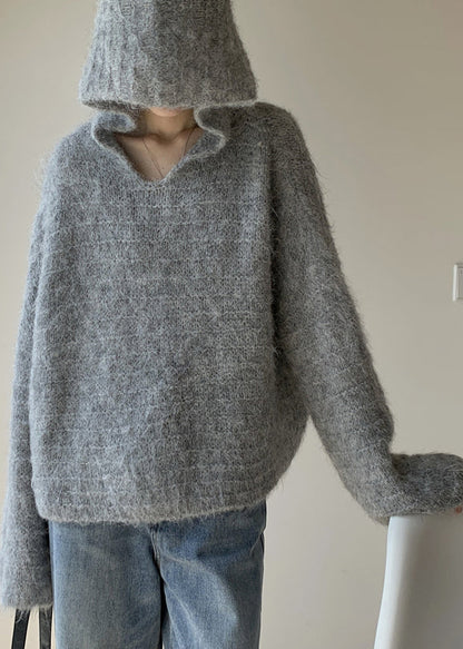 Grey Hooded Cotton Knit Sweaters Winter