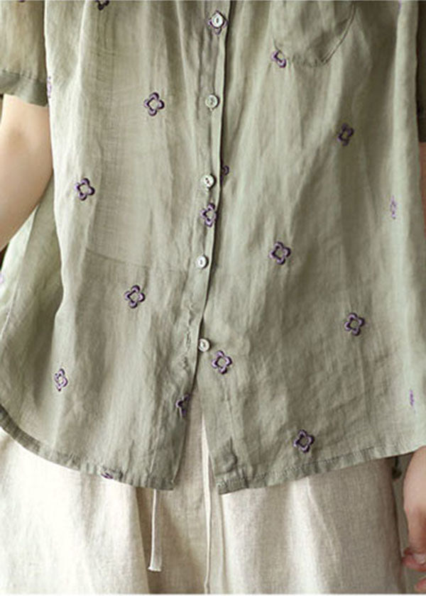 Grey Green Embroidered Linen Shirt Top Short Sleeve