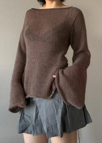 European and American Coffee Backless Lace Up Flared Sleeve Knit Top