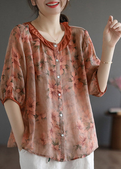 Red Ruffled Print Linen Shirt Half Sleeve