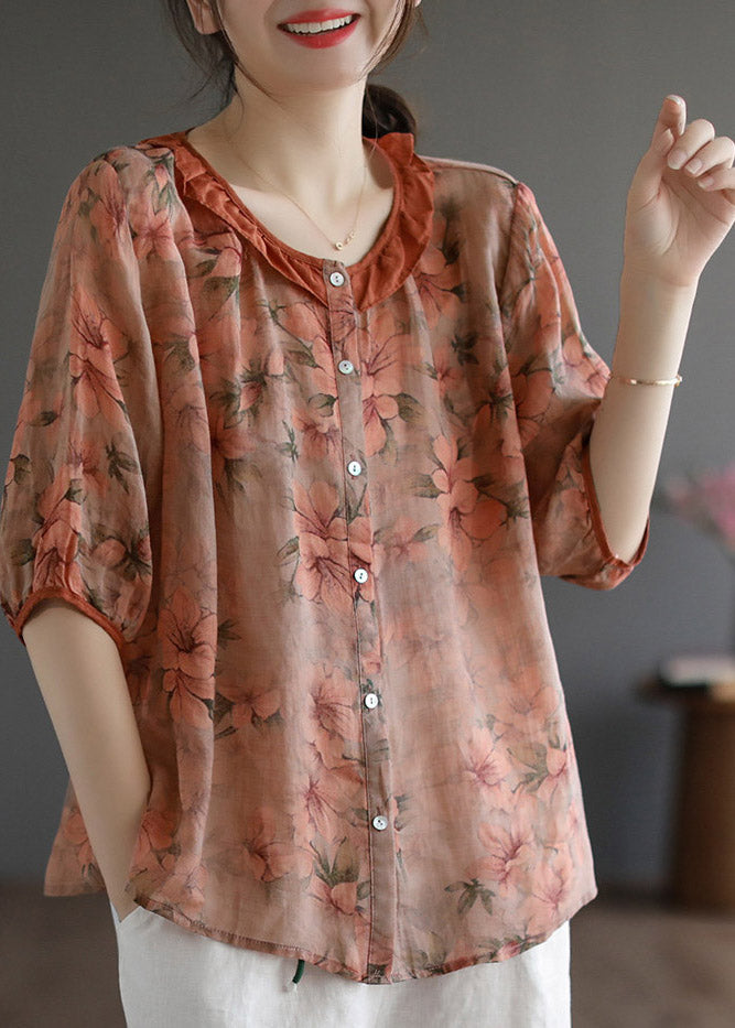 Red Ruffled Print Linen Shirt Half Sleeve