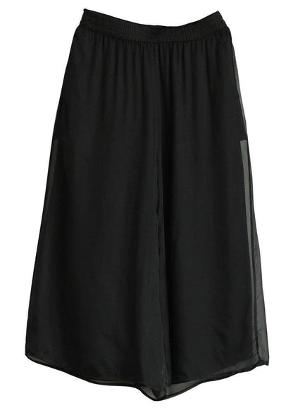 Handmade Black-print3 Elastic Waist Retro Wide Leg Crop Pants