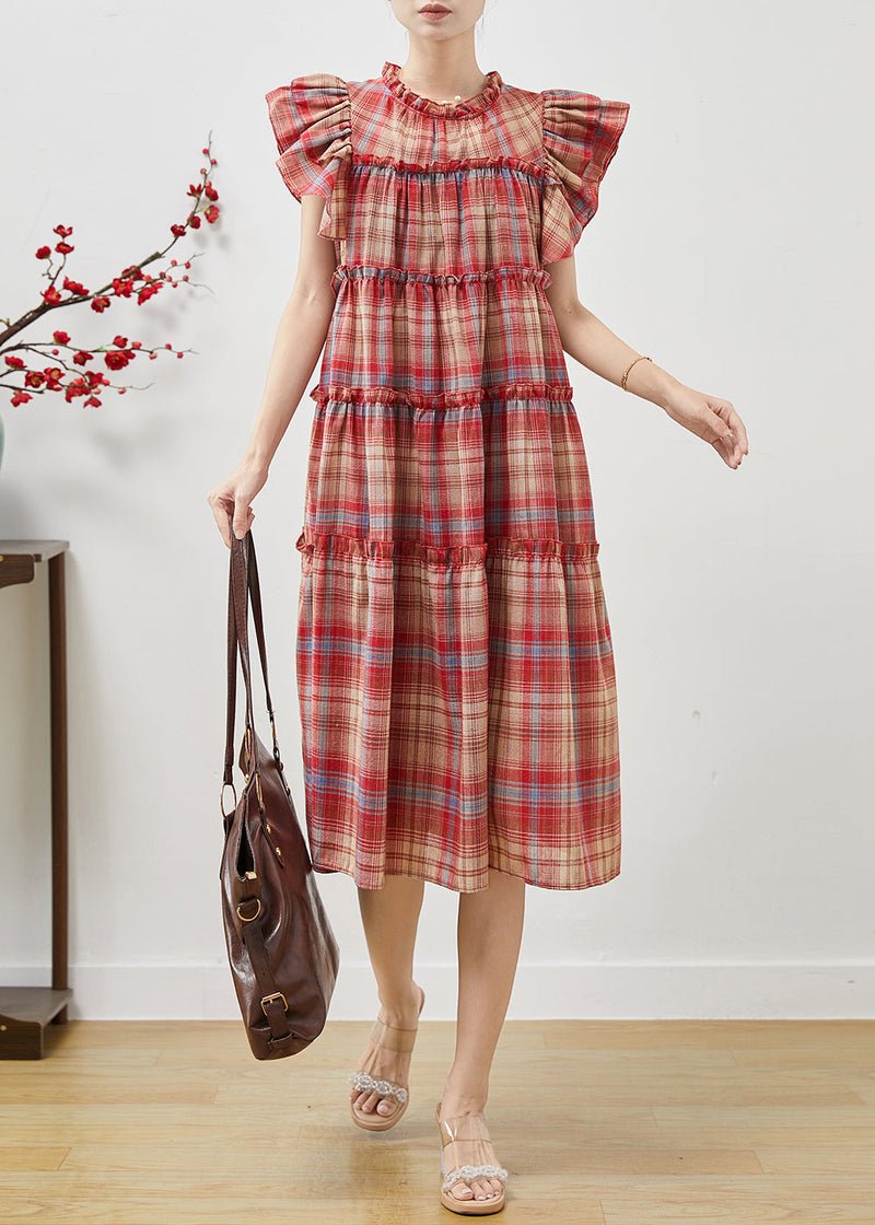 Red Ruffled Plaid Cotton Dresses Butterfly Sleeve