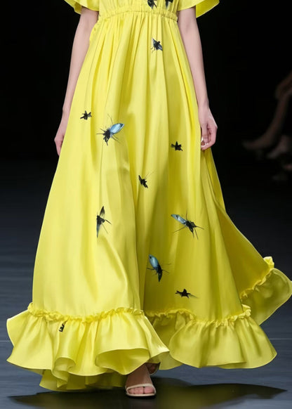Fine Yellow Print Exra Large Hem Silk Holiday Dress Summer