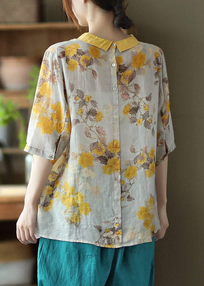 Peter Pan Collar Print Button Linen Shirt Half Sleeve