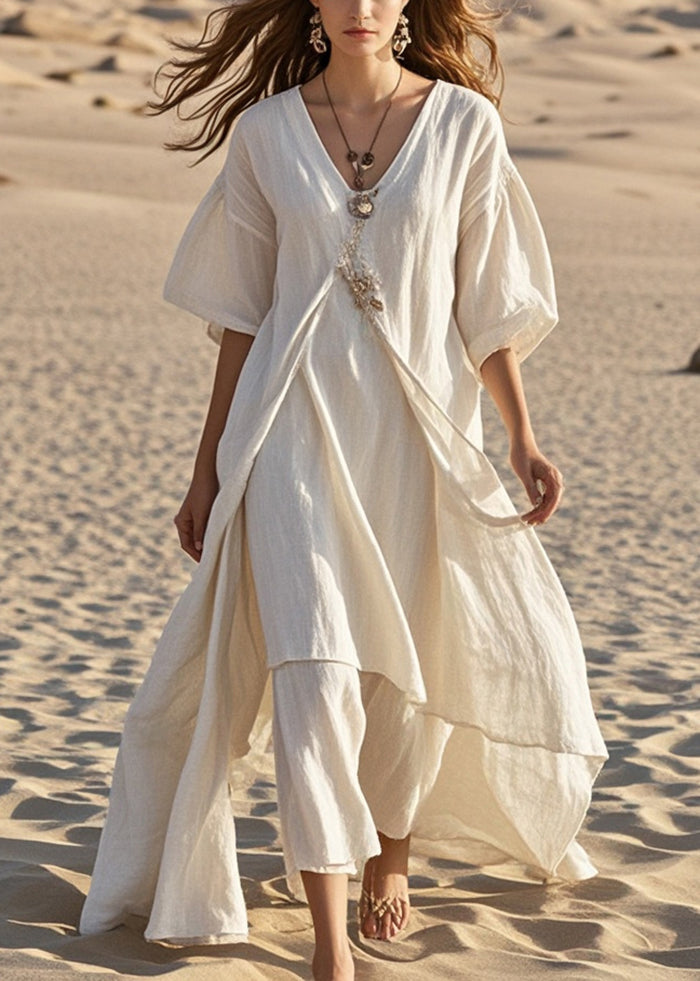 White Asymmetrical Cotton Long Dress Summer