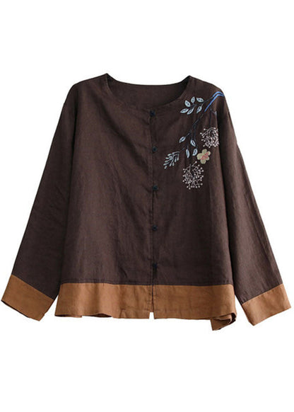 Chocolate O-neck Embroidered Patchwork Linen Shirt Tops Long Sleeve