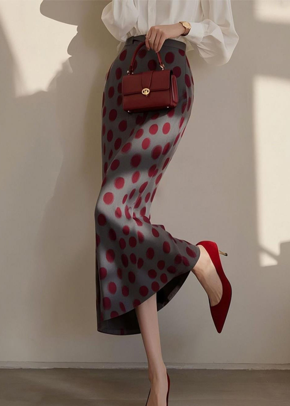 Dark Grey Dot Print High Waist Cotton Skirts Spring