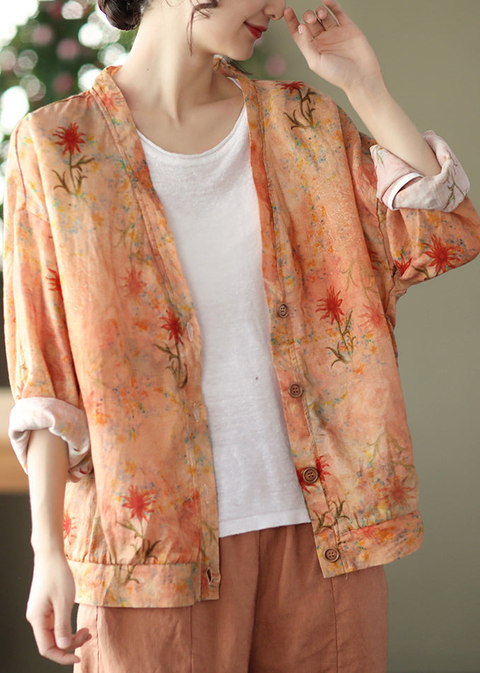 Orange V Neck Button Print Cotton Cardigans Spring