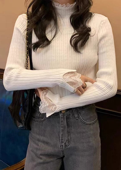 White Lace Patchwork Knit Sweaters Fall