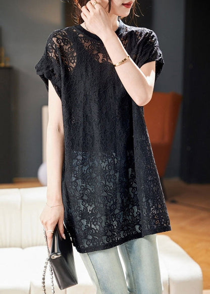 Black O Neck Hollow Out Lace Top Summer
