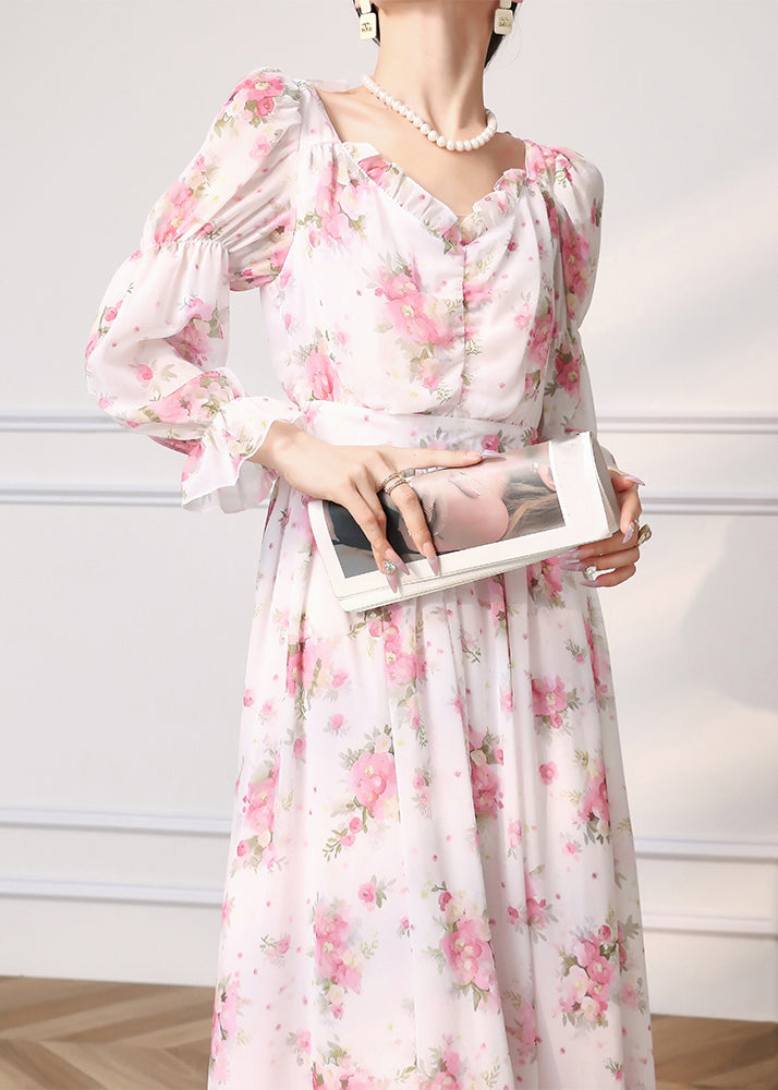 Pink Ruffled Print Chiffon Dress Long Sleeve