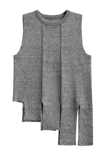 Style Grey O-neck Asymmetrical Knit Vest Sleeveless