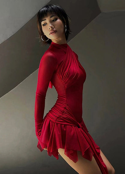 Classy Red Turtleneck Asymmetrical Tulle Vacation Mid Dress Long Sleeve