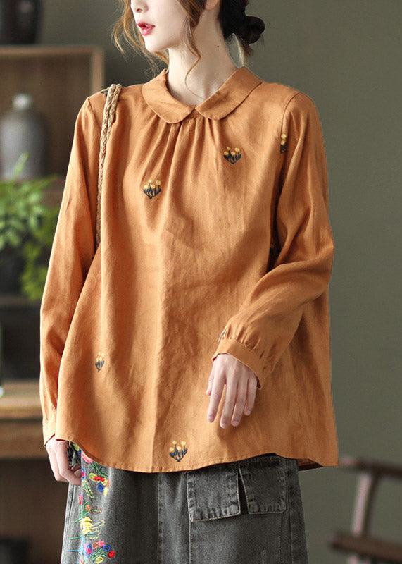 Orange Peter Pan Collar Embroidered Linen Shirt Long Sleeve