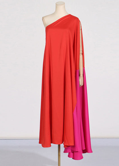 Red One Shoulder Patchwork Maxi Dress Summer