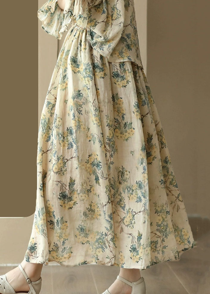 Yellow Wrinkled Pockets Print Patchwork Linen Skirt Summer