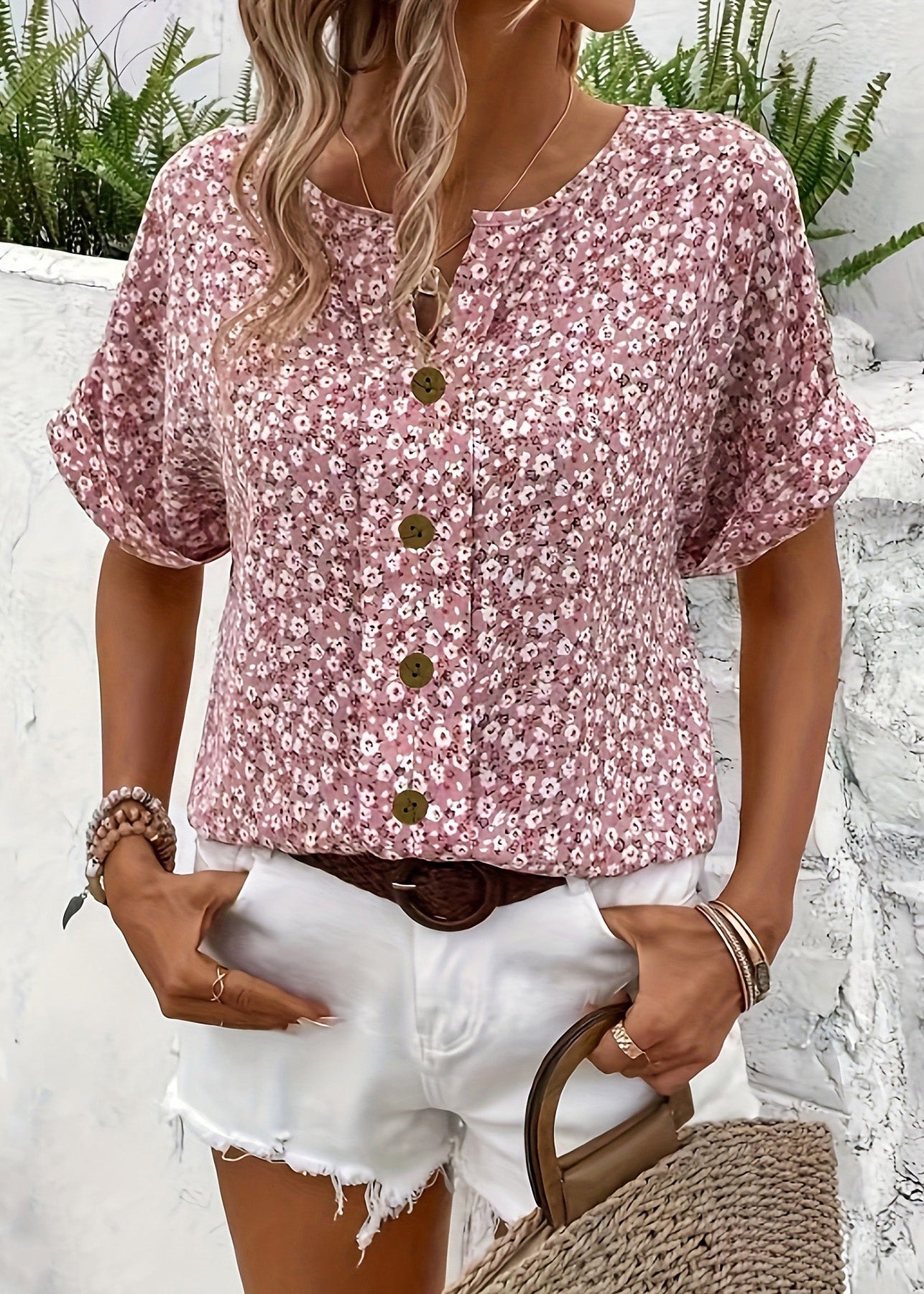 Pink V Neck Print T Shirts Summer