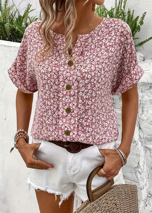 Pink V Neck Print T Shirts Summer