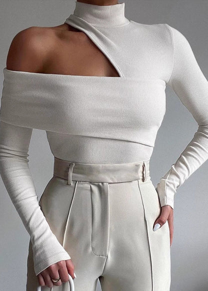 Style White One Shoulder Hollow Out Knit Top Spring