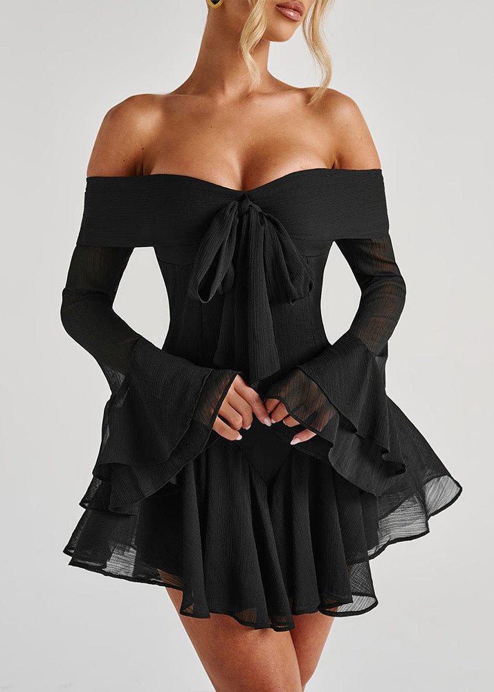 Black Zippered Cotton Mid Dresses Slash Neck Spring