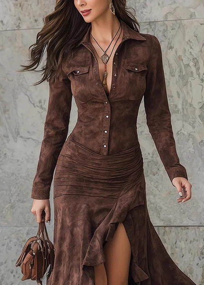 Caramel Peter Pan Collar Patchwork Side Open Velour Maxi Dress Spring