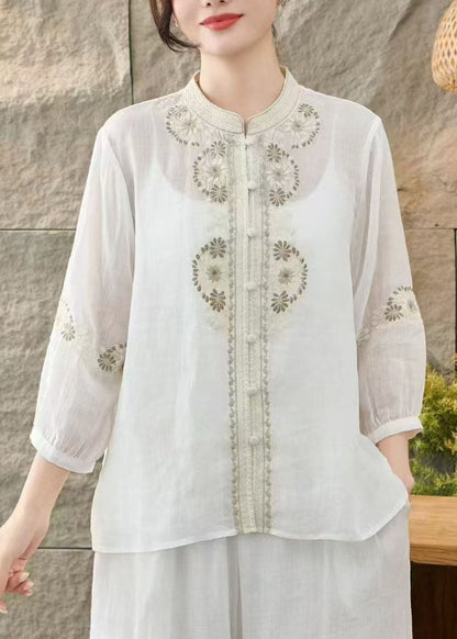 Loose Green Stand Collar Embroidered Linen Tops Bracelet Sleeve
