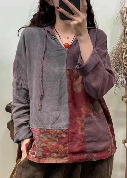 Grey Green Colour Neck Tie Print Patchwork Button Pockets Hoodie Shirt Long Sleeve