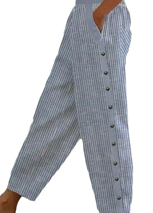 Blue Striped Pockets High Waist Cotton Crop Pants Summer