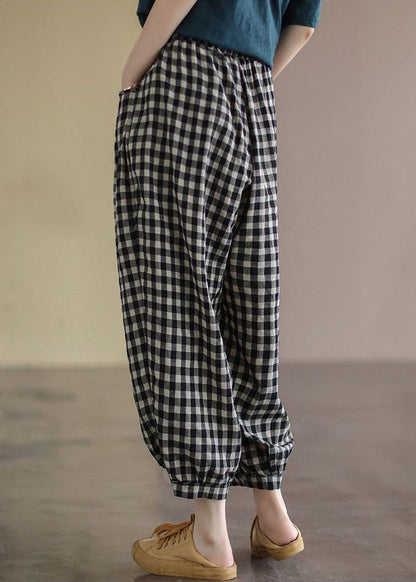 Black Plaid Pockets Patchwork Cotton Lantern Pants Summer