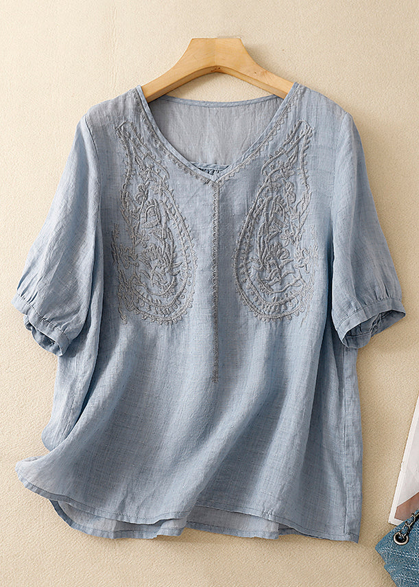 Purple V Neck Embroidered Linen T Shirt Summer