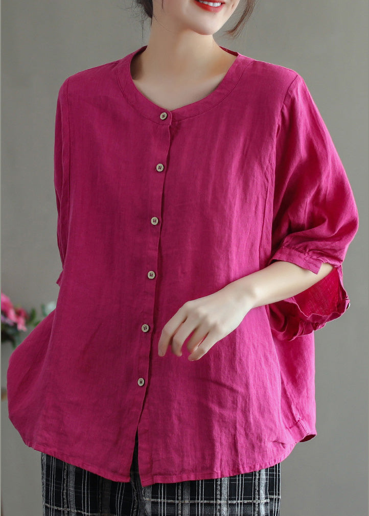 Rose O-neck Button Low High Design Linen Shirt Half Sleeve