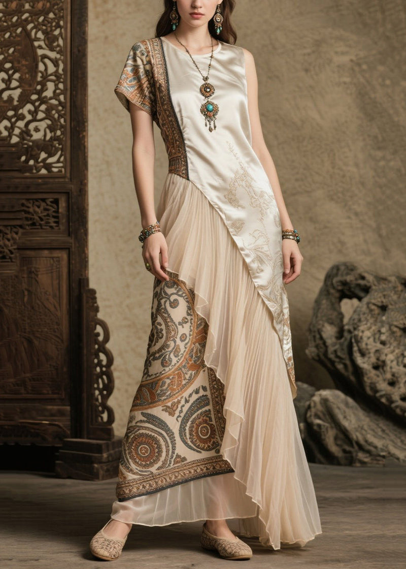Beige Asymmetrical Patchwork Print Silk Robe Dresses Summer